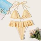 Romwe Striped Halter Top With Ruffle Trim Bikini
