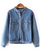 Romwe Stand Collar Denim Coat With Pockets
