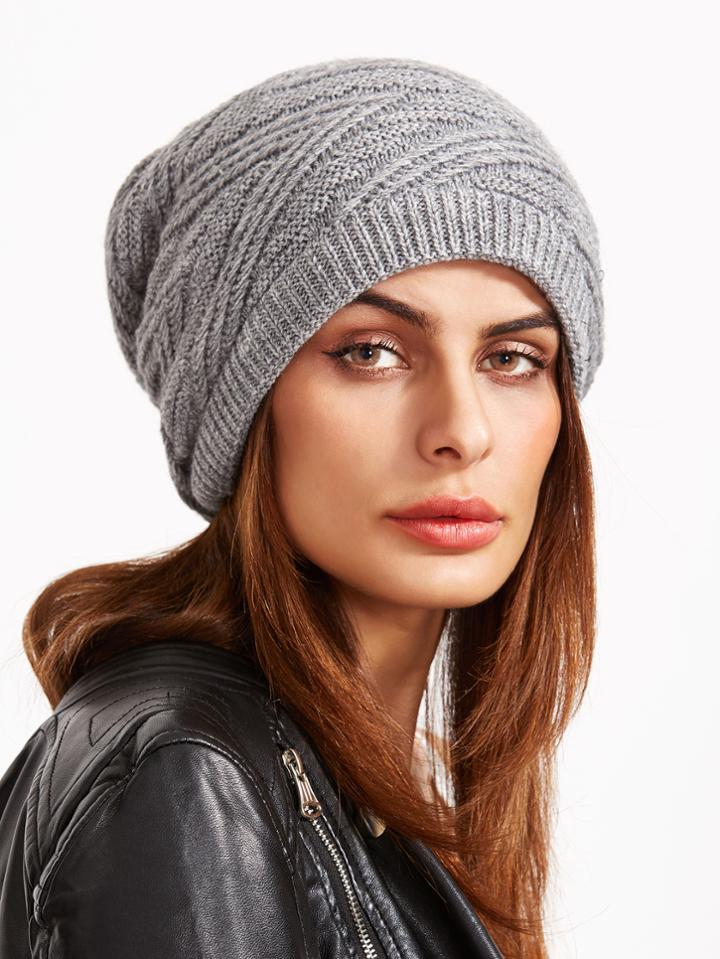 Romwe Light Grey Knit Textured Drape Beanie Hat