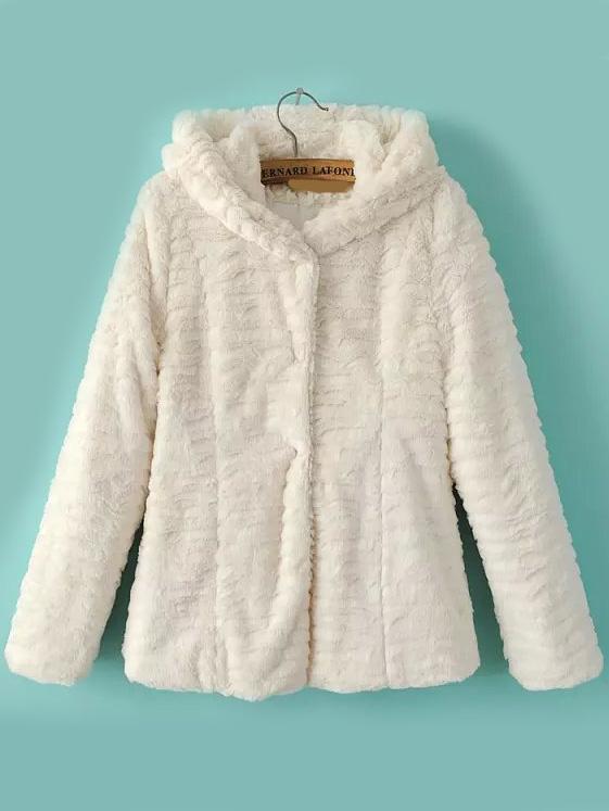 Romwe Hooded Long Sleeve White Coat