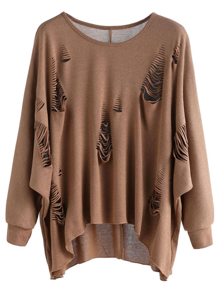 Romwe Khaki Dip Hem Ripped T-shirt
