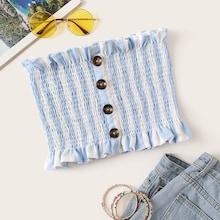 Romwe Button Front Frill Shirred Bandeau Top