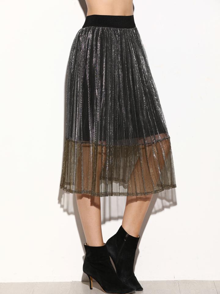 Romwe Metallic Silver Mesh Overlay Pleated Skirt