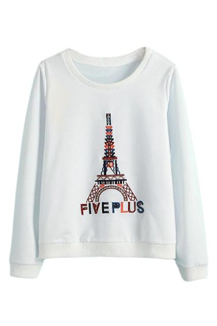 Romwe Tower Embroidered White Sweatshirt