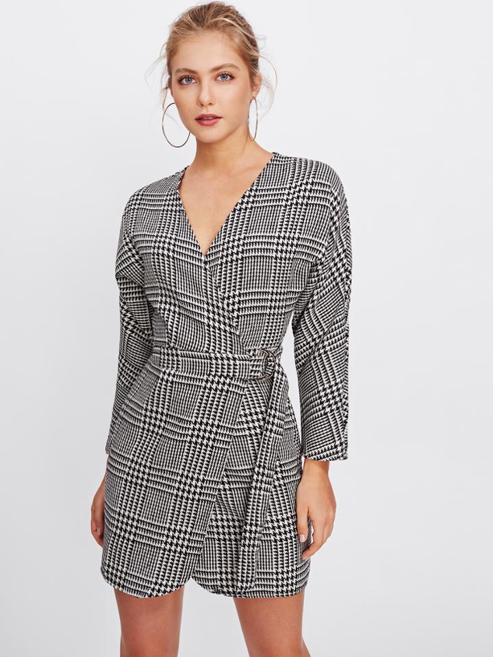 Romwe Surplice Neckline Self Tie Houndstooth Dress