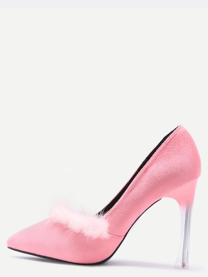 Romwe Light Pink Fur Trim Suede Sheer Heeled Pumps