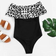 Romwe Leopard Flounce Bardot One Piece Swimsuit