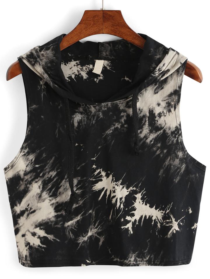 Romwe Tie Dye Print Crop Hooded Tank Top