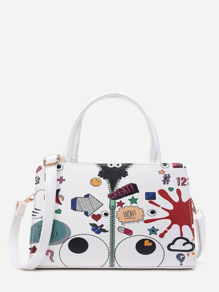 Romwe Eye And Zipper Print Shoulder Bag With Adjustable Strap