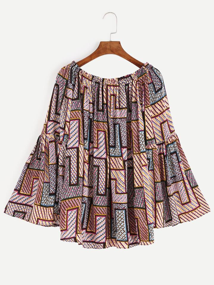 Romwe Multicolor Floral Patchwork Print Bell Sleeve Blouse
