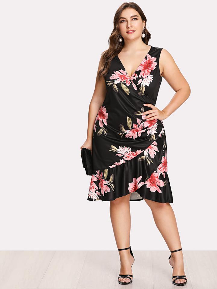 Romwe Random Florals Ruffle Hem Wrap Dress