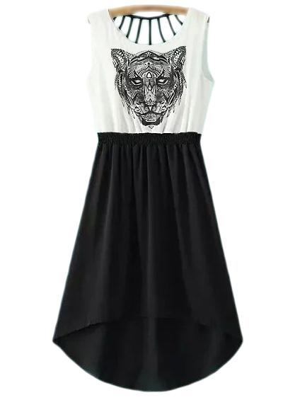 Romwe Black White Tiger Head Print Cut Out High Low Dress