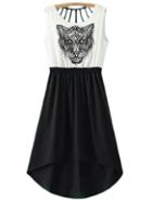 Romwe Black White Tiger Head Print Cut Out High Low Dress