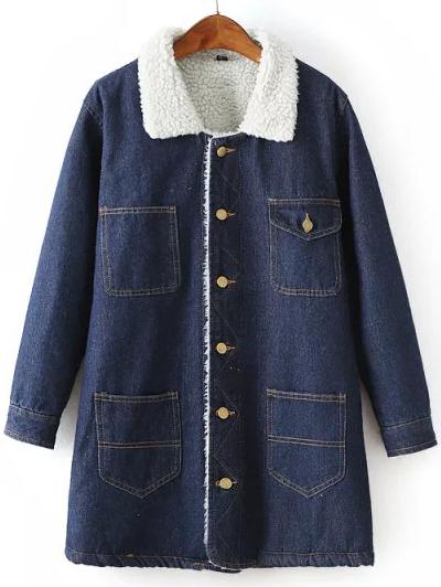 Romwe Women Lapel Pockets Buttons Thicken Long Denim Coat