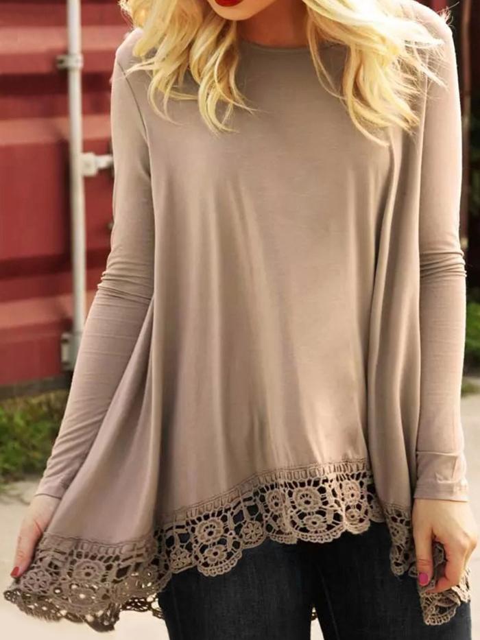 Romwe Coffee Round Neck Peplum Hem Loose T-shirt