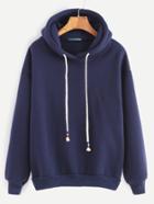 Romwe Blue Drop Shoulder Drawstring Hooded Sweatshirt