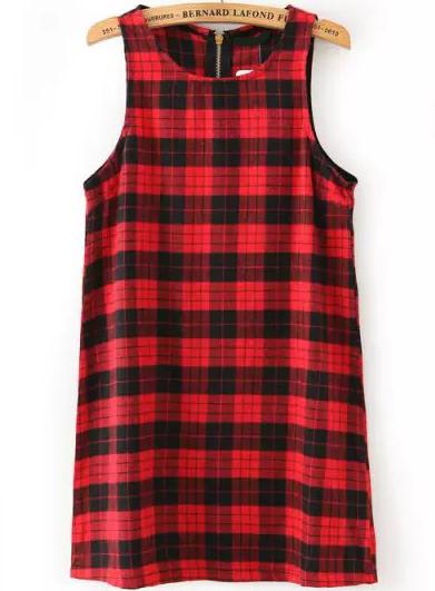 Romwe Round Neck Plaid Tank Dress