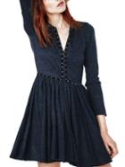 Romwe V Neck Bead Navy Dress