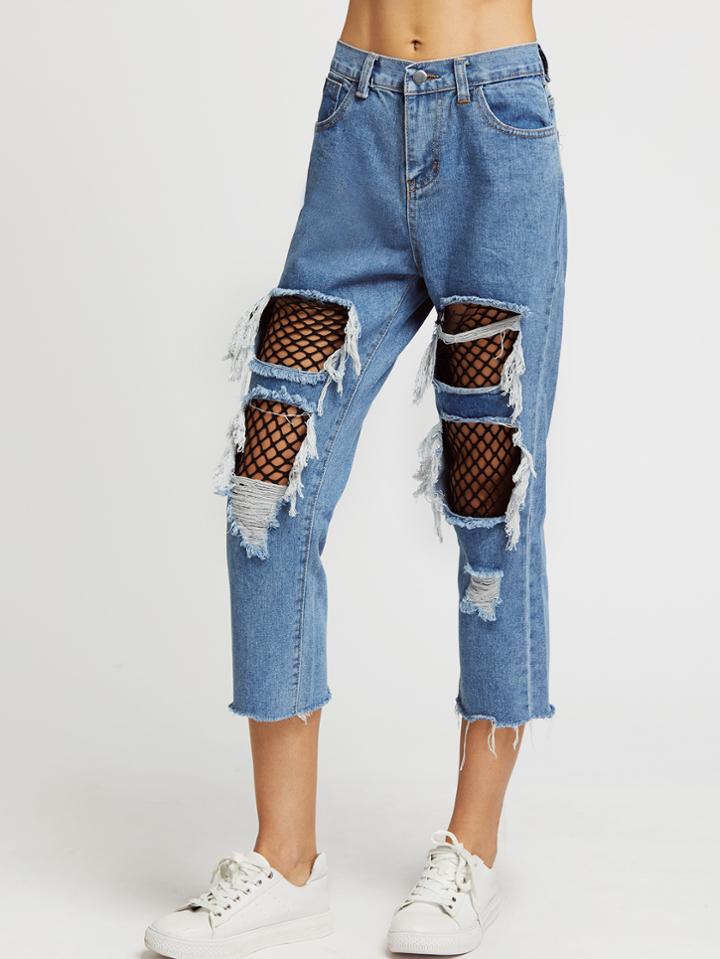 Romwe Fishnet Insert Distressed Fray Hem Crop Jeans