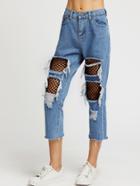 Romwe Fishnet Insert Distressed Fray Hem Crop Jeans