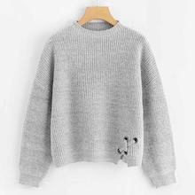 Romwe Grommet Crisscross Detail Heather Grey Sweater