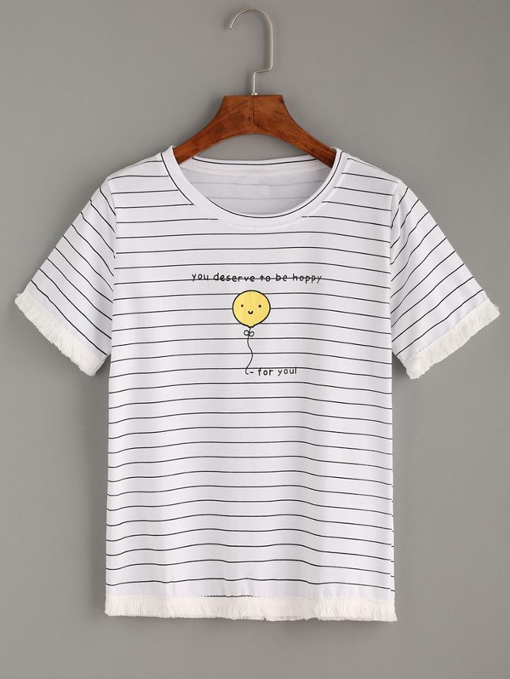 Romwe White Tassel Trimmed Balloon Print Striped T-shirt