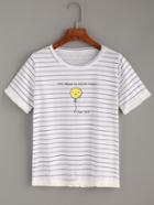 Romwe White Tassel Trimmed Balloon Print Striped T-shirt