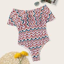 Romwe Chevron Print Flounce One Piece Swimsuit