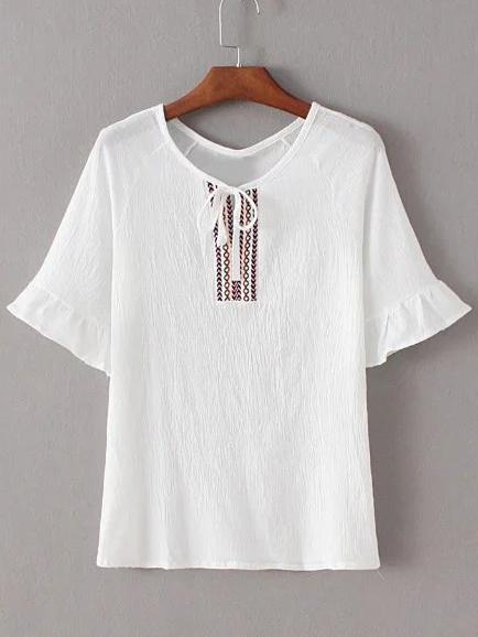 Romwe White Self-tie Bow Webbing Bell Sleeve Blouse