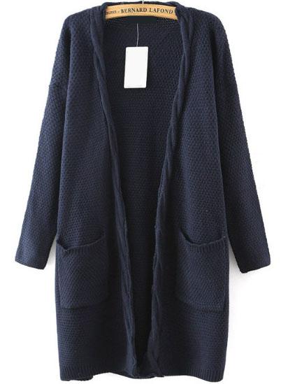 Romwe Cable Knit Pockets Navy Coat