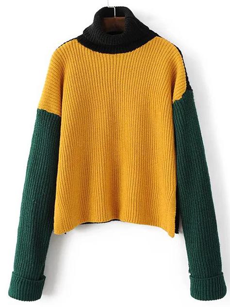 Romwe Yellow Color Block Turtleneck Side Slit Sweater