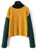 Romwe Yellow Color Block Turtleneck Side Slit Sweater