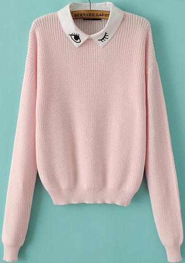 Romwe Eye Embroidered Crop Knit Sweater