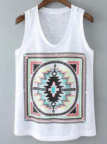 Romwe White Geometric Print Tank Top