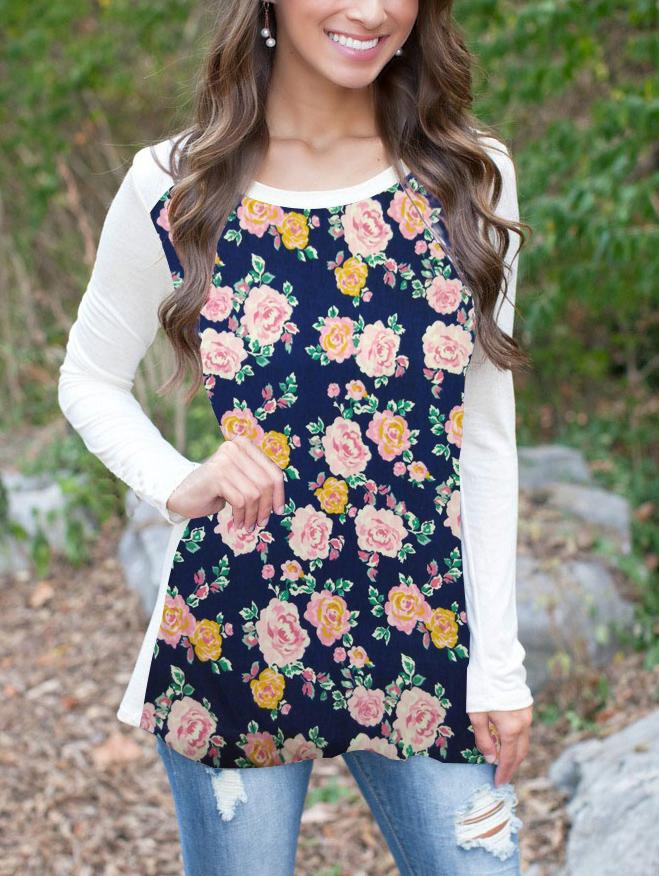 Romwe Long Sleeve Florals Blue T-shirt