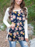 Romwe Long Sleeve Florals Blue T-shirt