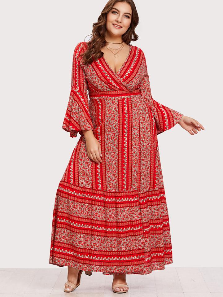 Romwe Flounce Sleeve Ditsy Print Wrap Dress