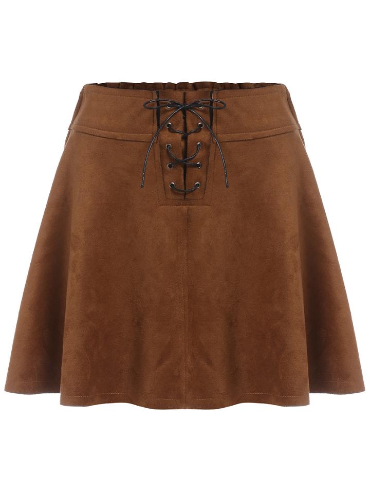 Romwe Lace Up A Line Khaki Skirt