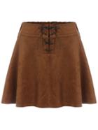 Romwe Lace Up A Line Khaki Skirt