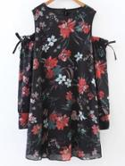 Romwe Black Floral Print Open Shoulder Dress With Bow Tie