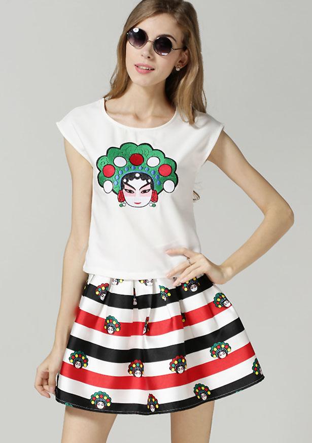 Romwe Actors Embroidered Top With Striped Flare Skirt