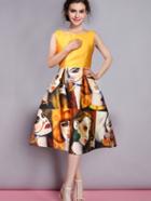 Romwe Sleeveless Abstract Print Flare Dress