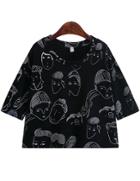 Romwe Black Sketch Print Loose Crop T-shirt
