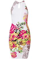 Romwe White Sleeveless Backless Floral Body Conscious Dress