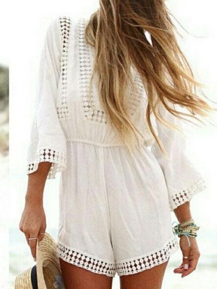 Romwe V Neck Hollow White Romper