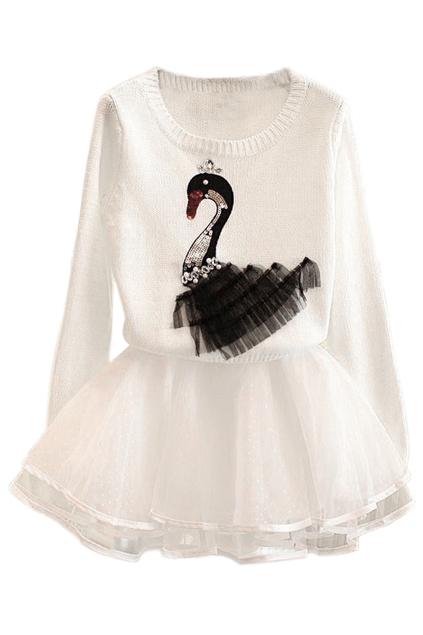 Romwe Romwe Diamante Swan Embroidered Panel Two-piece White Dress