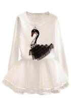 Romwe Romwe Diamante Swan Embroidered Panel Two-piece White Dress