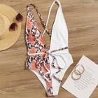 Romwe Snakeskin Open Back Self Tie One Piece Swimsuit