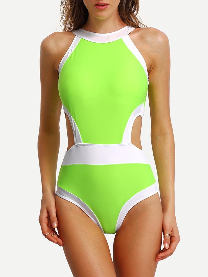 Romwe Contrast High Neck Cutout One-piece Swimwear