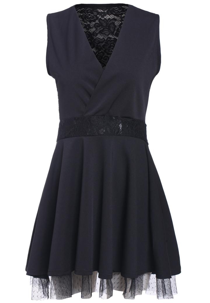 Romwe V Neck Sleeveless Lace Pleated Black Dress